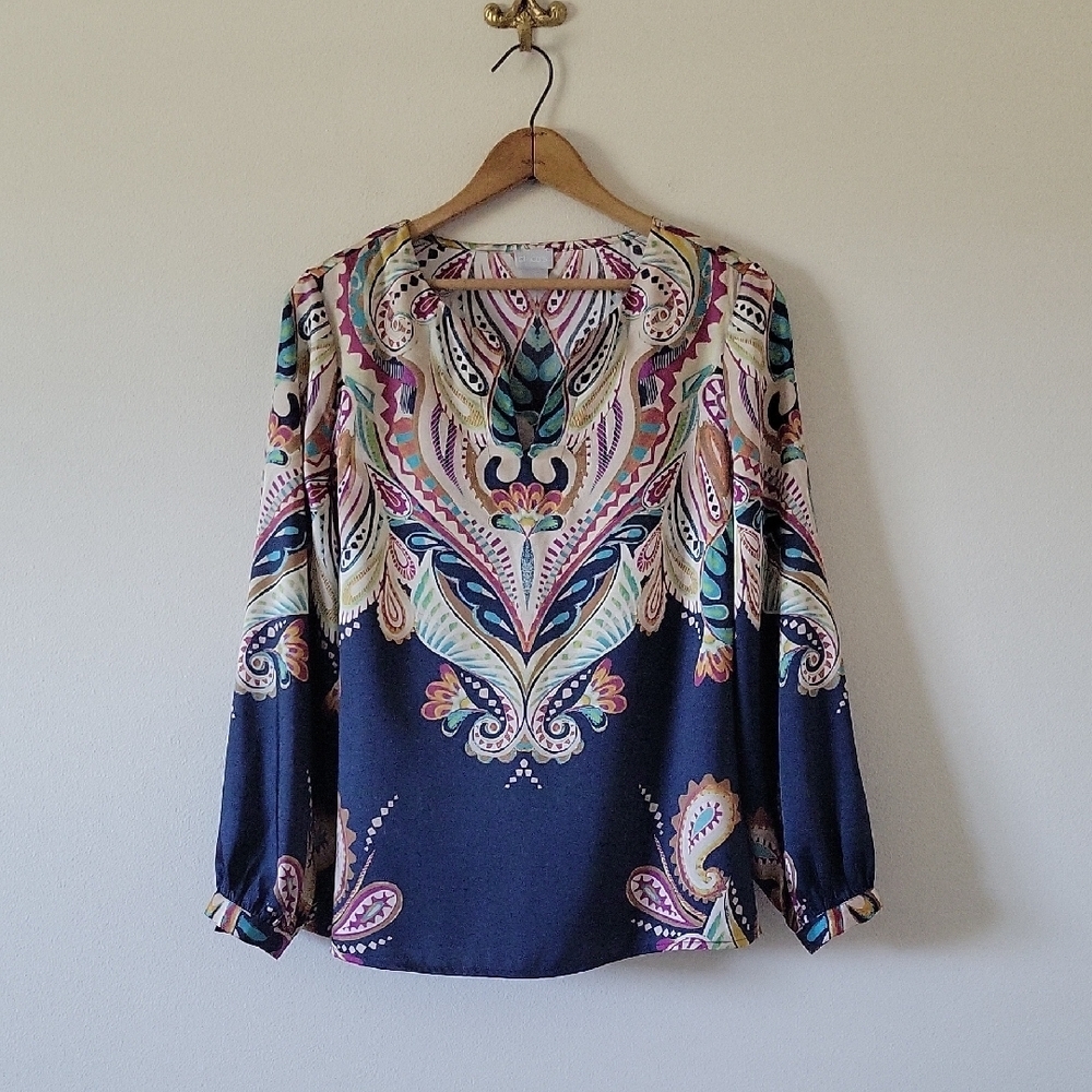 Chico's Navy‎ Blue Paisley Satin Balloon Long Sleeve Blouse Size Medium